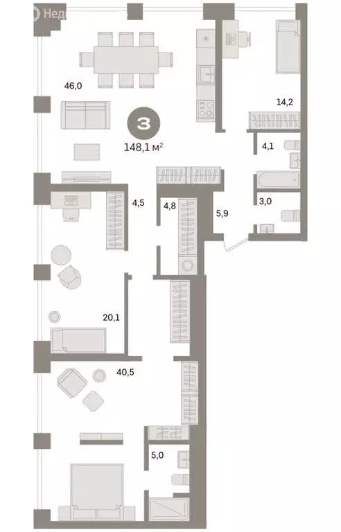 3-комнатная квартира: Новосибирск, Зыряновская улица, 51с (148.1 м) - Фото 1