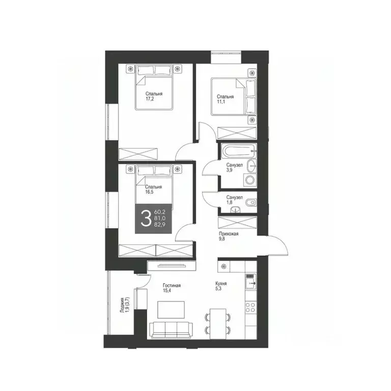 3-к кв. Татарстан, Альметьевск ул. Гафиатуллина, 60 (82.9 м) - Фото 0