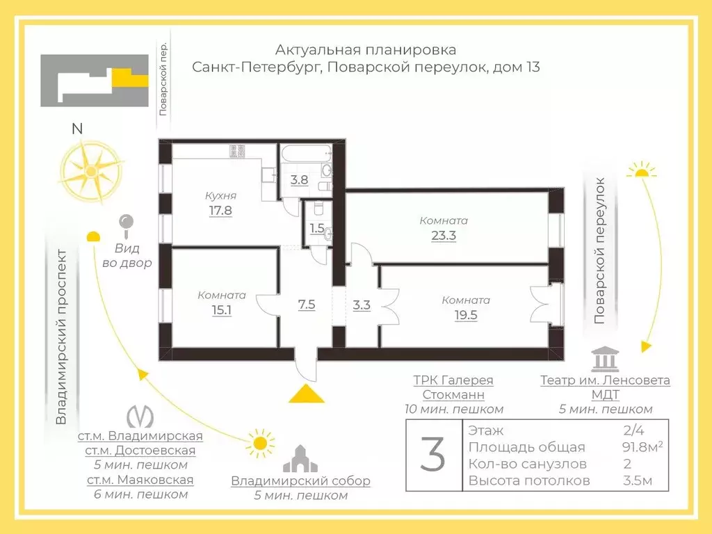 3-к кв. Санкт-Петербург Поварской пер., 13 (91.8 м) - Фото 2