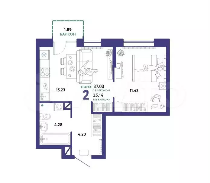 2-к. квартира, 37 м, 4/15 эт. - Фото 1