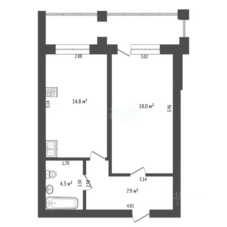 1-к кв. Тюменская область, Тюмень ул. Самарцева, 3 (45.0 м) - Фото 2