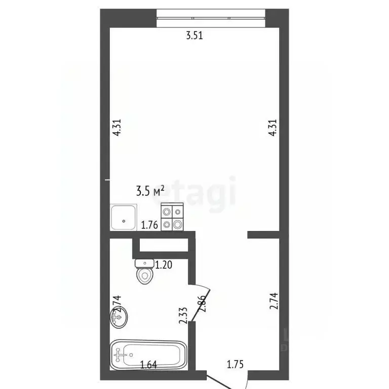 Студия Тюменская область, Тюмень Полевая ул., 108 (22.2 м) - Фото 2
