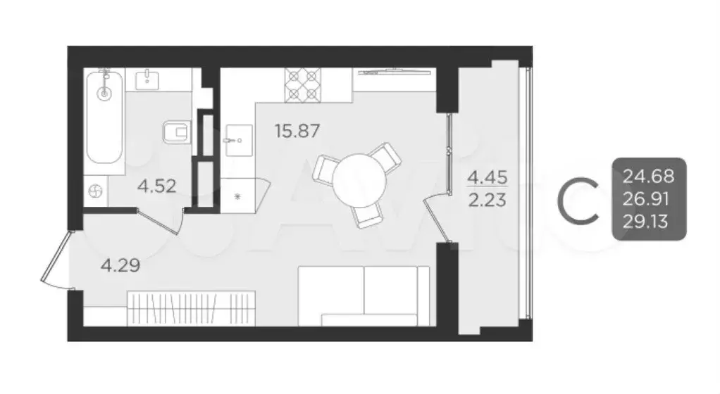 Квартира-студия, 26,7 м, 1/9 эт. - Фото 1