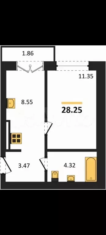 1-к. квартира, 28,3 м, 3/4 эт. - Фото 1