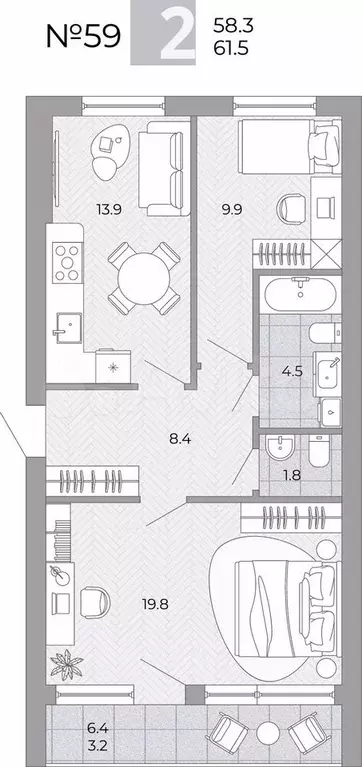 2-к. квартира, 61,5 м, 2/4 эт. - Фото 0
