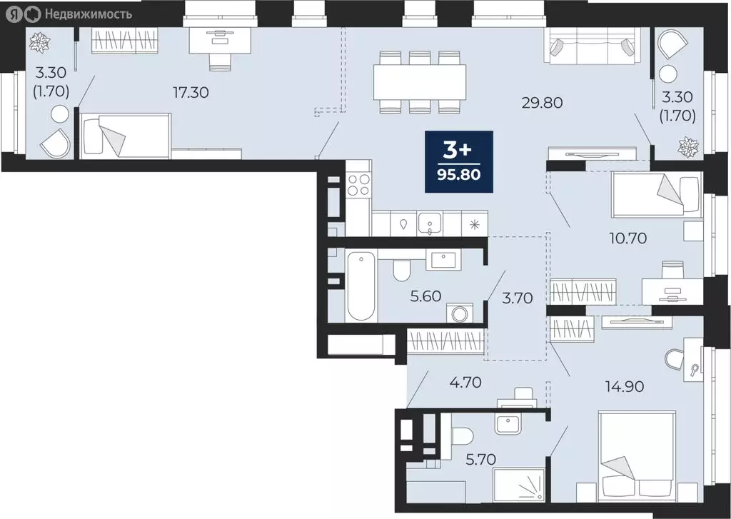 3-комнатная квартира: Тюмень, улица Пожарных и Спасателей, 2 (92.4 м) - Фото 1