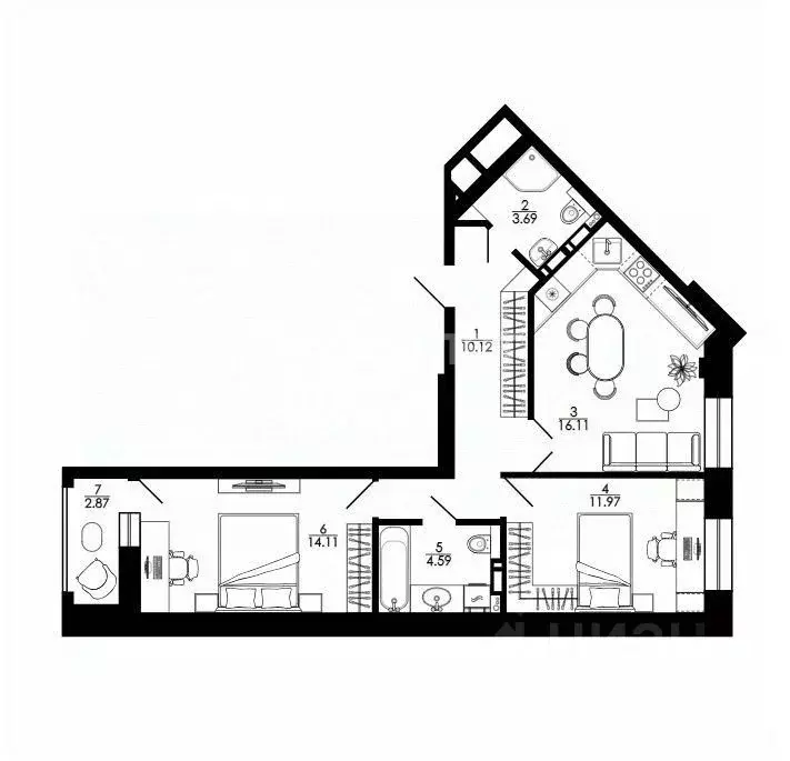 2-к кв. Липецкая область, Липецк ул. Е.И. Замятина, 1 (65.5 м) - Фото 1