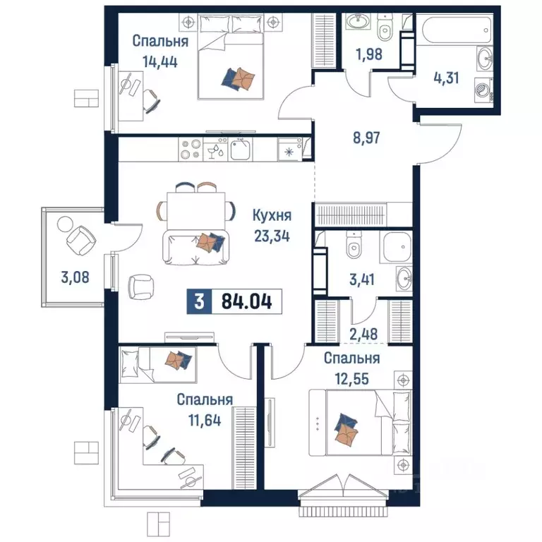 3-к кв. Ленинградская область, Мурино Всеволожский район,  (84.04 м) - Фото 1