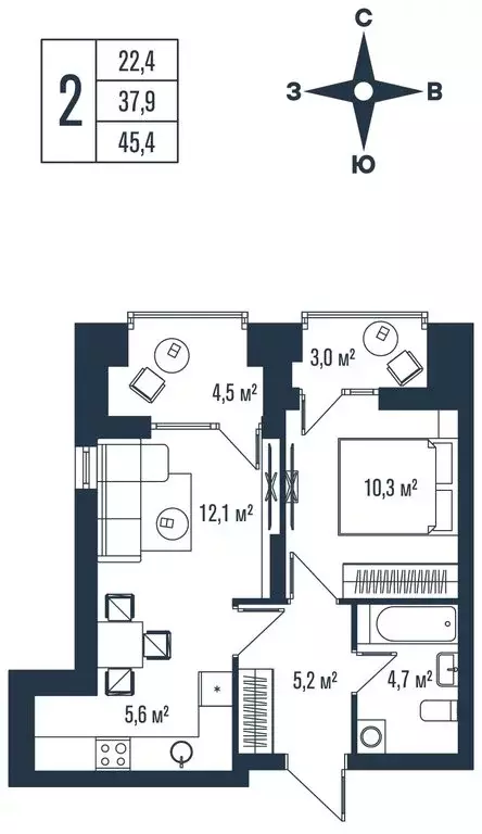 2-комнатная квартира: Владивосток, улица Тухачевского, 33к2 (45.4 м) - Фото 1