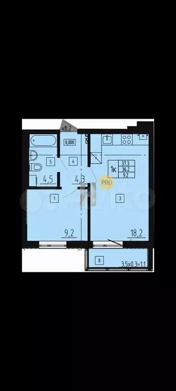 1-к. квартира, 37,3 м, 1/8 эт. - Фото 1