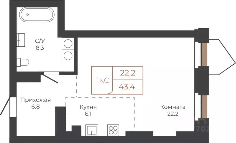 1-к кв. Алтайский край, Барнаул пл. Баварина, 8к1 (43.4 м) - Фото 0