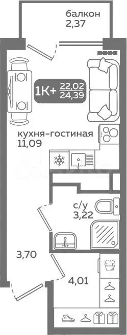 Квартира-студия, 22 м, 11/21 эт. - Фото 0