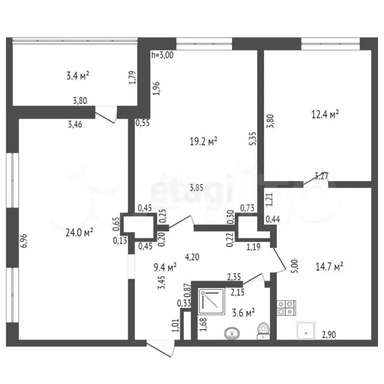 3-к. квартира, 83,3 м, 3/4 эт. - Фото 0