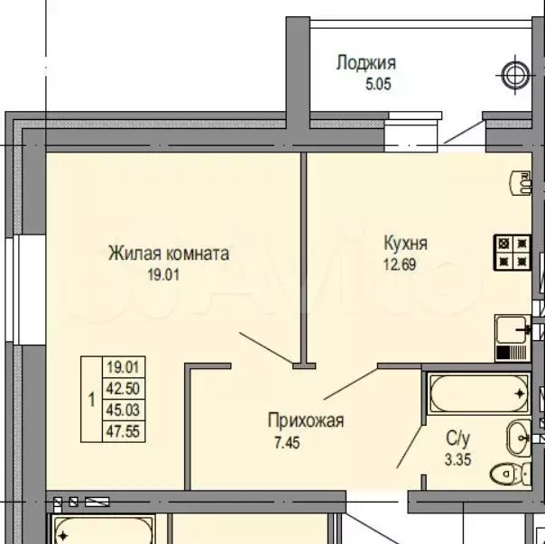 1-к. квартира, 47,6м, 3/9эт. - Фото 0