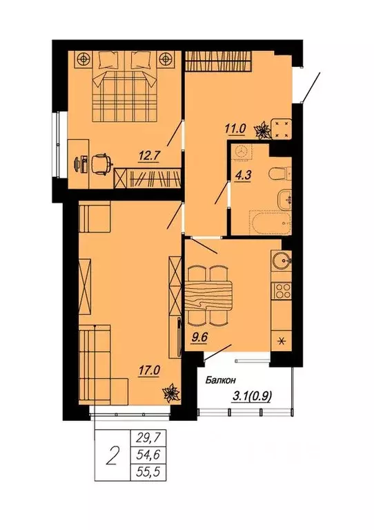 2-к кв. Свердловская область, Екатеринбург ул. Блюхера, 89 (55.5 м) - Фото 0