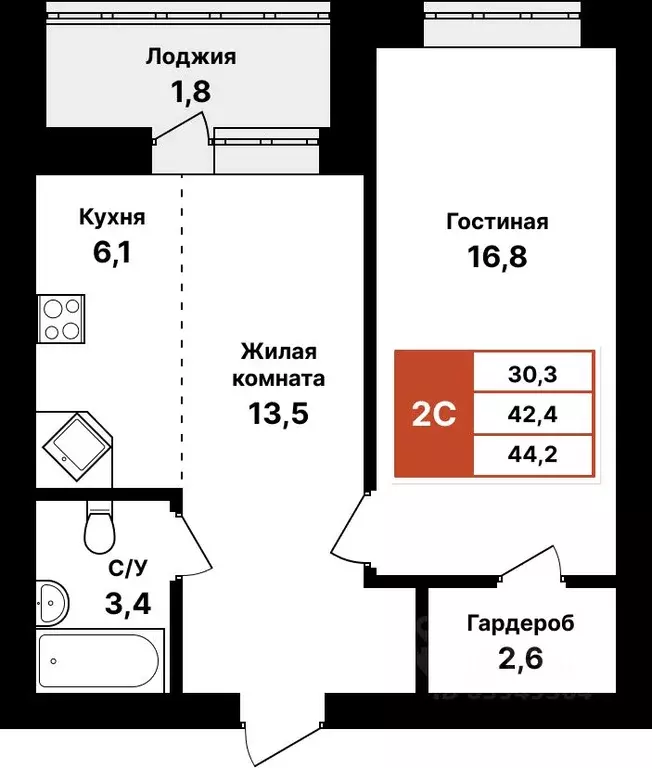 2-к кв. Башкортостан, Уфа Кузнецовский Затон мкр,  (44.2 м) - Фото 0