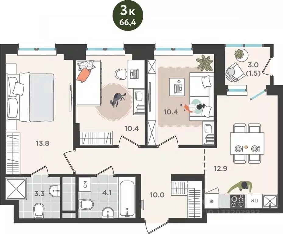 3-к кв. Пермский край, Пермь ул. Куфонина, 1 (66.4 м) - Фото 0