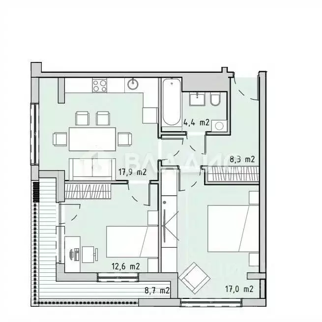 Квартира, 2 комнаты, 69 м - Фото 1