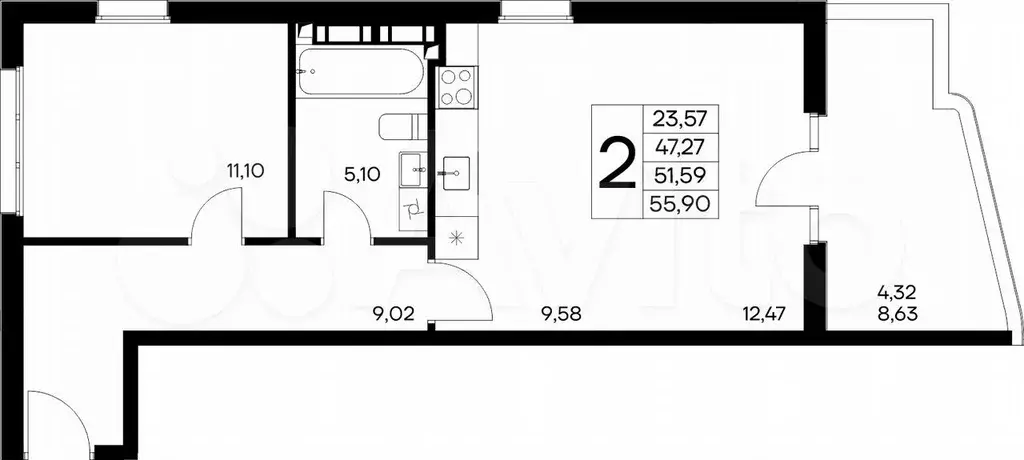 2-к. квартира, 55,9 м, 2/8 эт. - Фото 0