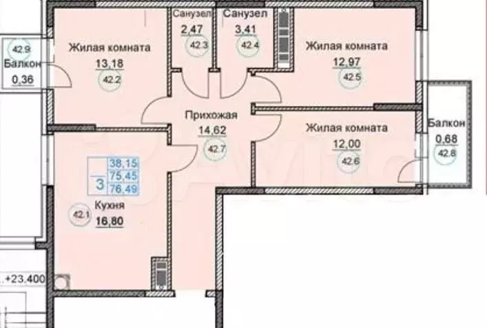 3-к. квартира, 75,5 м, 6/6 эт. - Фото 1