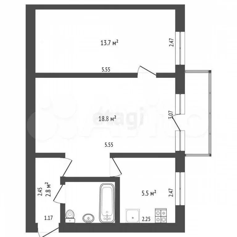 2-к. квартира, 44 м, 4/5 эт. - Фото 0