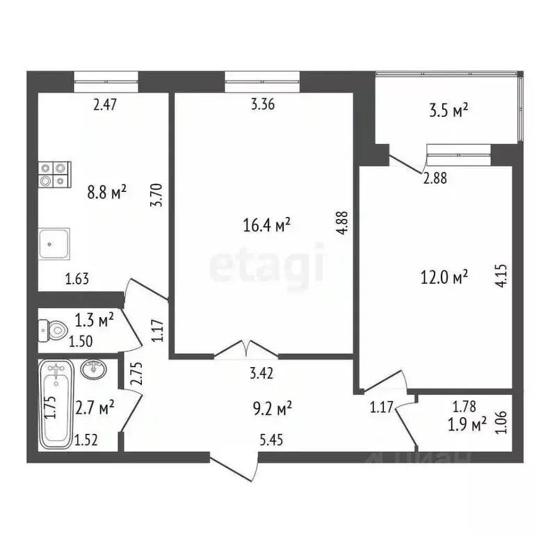 2-к кв. Башкортостан, Стерлитамак Патриотическая ул., 108 (52.3 м) - Фото 2