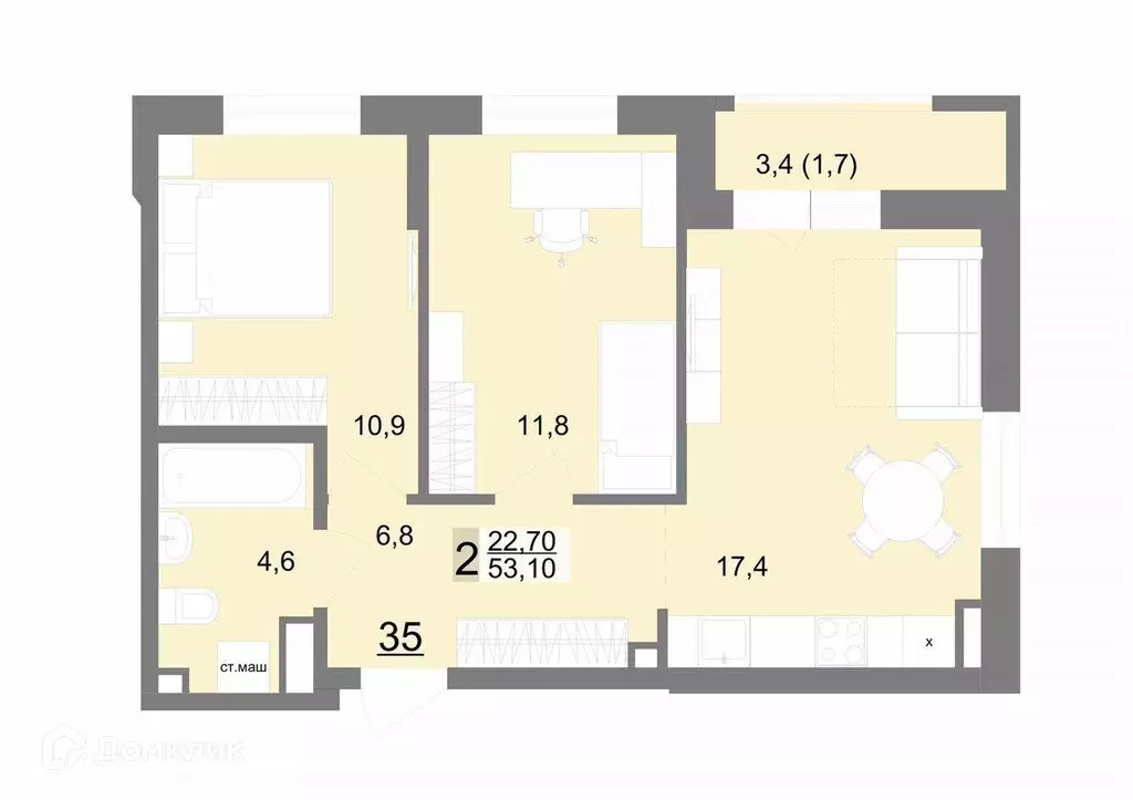 Продаётся 2-к квартира, 53.1 м - Фото 1