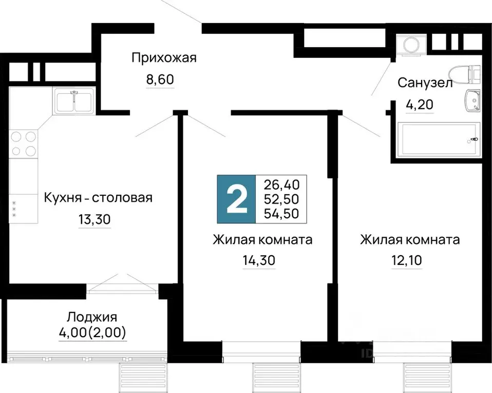 2-к кв. Адыгея, Тахтамукайский район, Яблоновский пгт  (54.5 м) - Фото 1