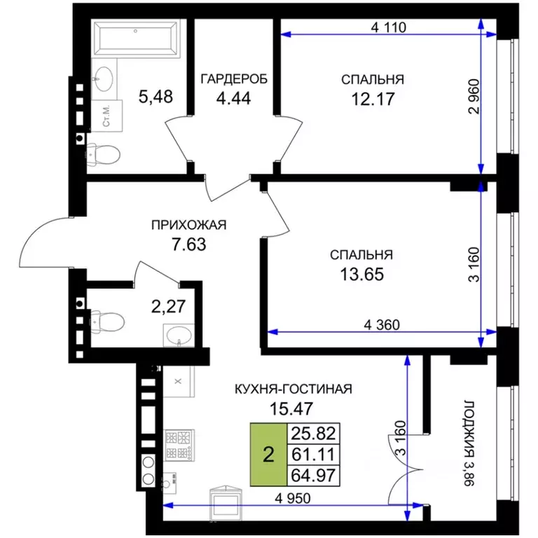 2-к кв. Калининградская область, Гурьевск Включи жилой комплекс (64.97 ... - Фото 1