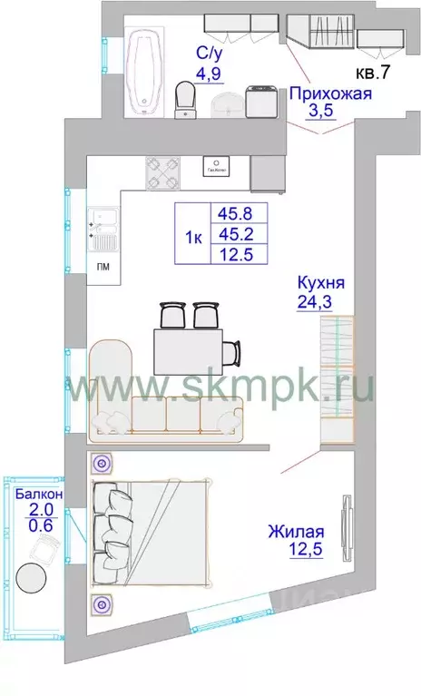 1-к кв. Калининградская область, Калининград Печатная ул. (45.8 м) - Фото 0