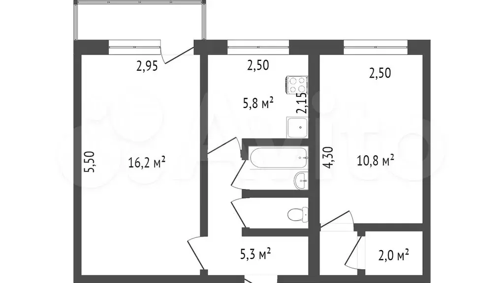 2-к. квартира, 43,9 м, 5/5 эт. - Фото 0
