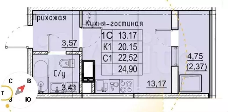 Квартира-студия, 24,9 м, 4/21 эт. - Фото 1