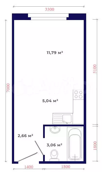 Квартира-студия, 22,6 м, 1/9 эт. - Фото 1