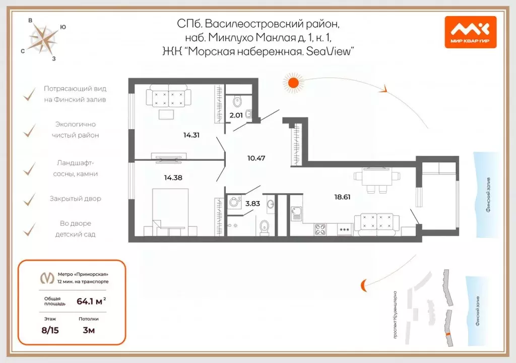 3-к кв. Санкт-Петербург наб. Миклухо-Маклая, 1к1 (64.1 м) - Фото 2