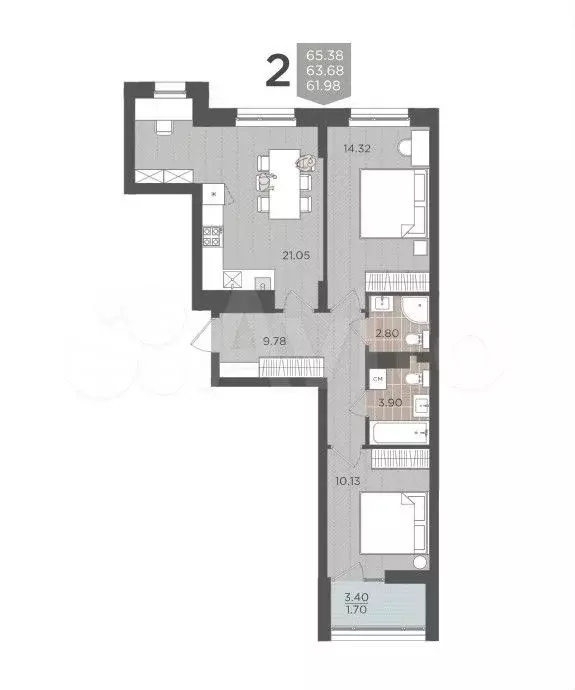 2-к. квартира, 65,4 м, 9/9 эт. - Фото 1