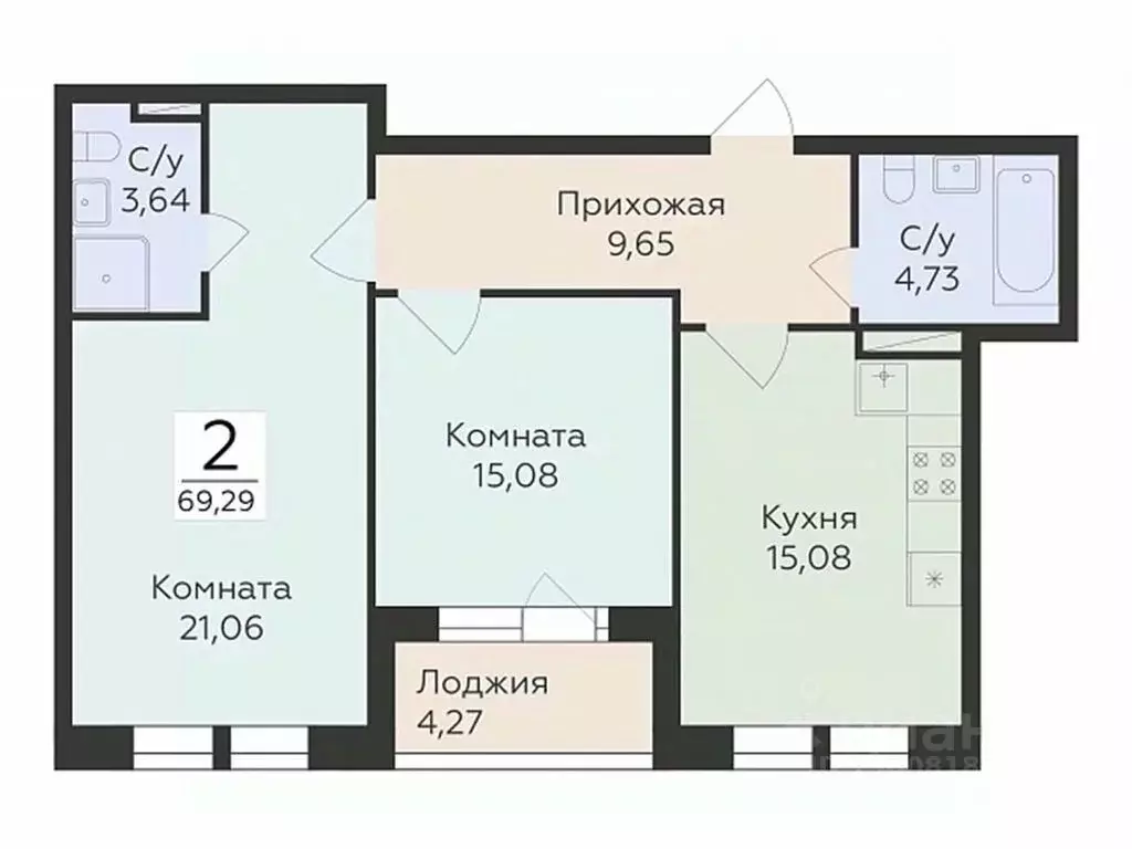2-к кв. Воронежская область, Воронеж ул. Матросова (69.29 м) - Фото 0