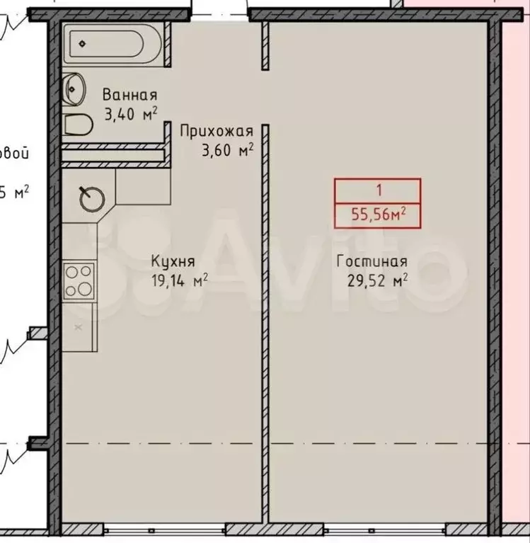 1-к. квартира, 55,6 м, 3/8 эт. - Фото 1