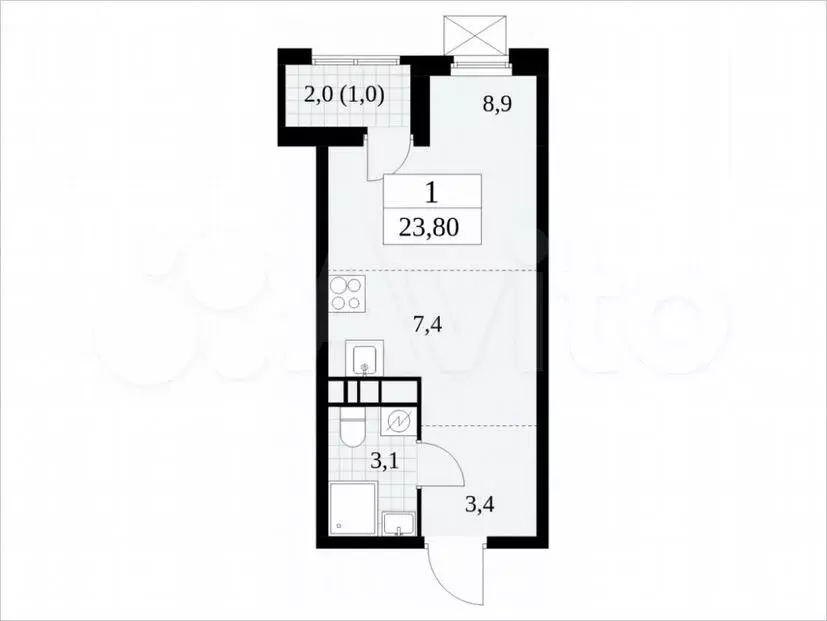 Квартира-студия, 23,8м, 7/17эт. - Фото 1