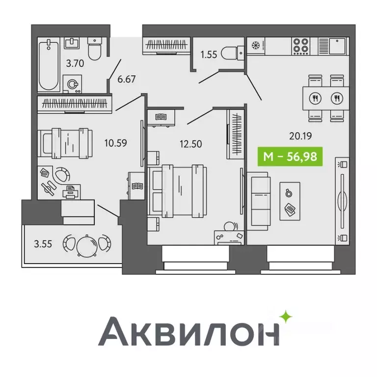 2-к кв. Архангельская область, Северодвинск  (56.98 м) - Фото 0