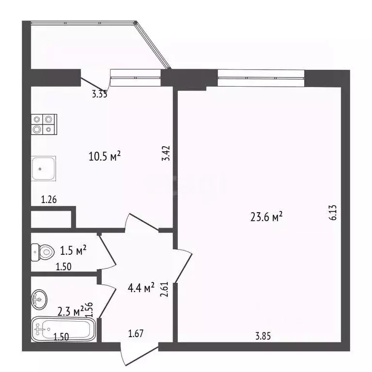 1-к кв. Тюменская область, Тюмень ул. Арктическая, 1к1 (42.5 м) - Фото 2