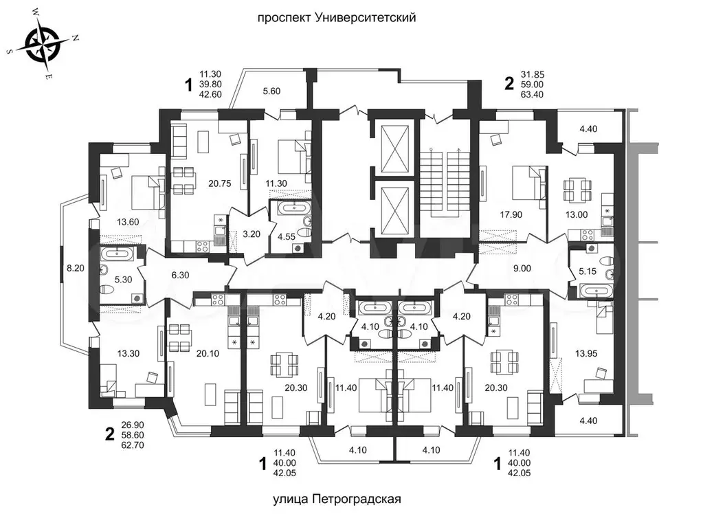 2-к. квартира, 63,4 м, 8/19 эт. - Фото 1