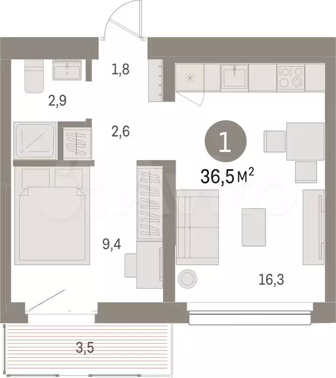 1-к. квартира, 36,5 м, 3/17 эт. - Фото 1