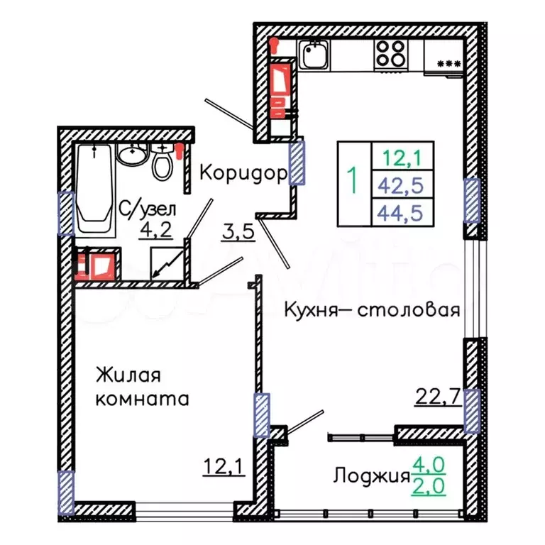 1-к. квартира, 44,5 м, 13/18 эт. - Фото 0