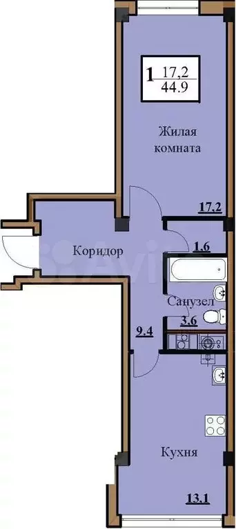 1-к. квартира, 44,9м, 5/5эт. - Фото 0