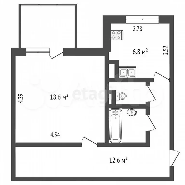 1-к. квартира, 42,9 м, 5/5 эт. - Фото 0