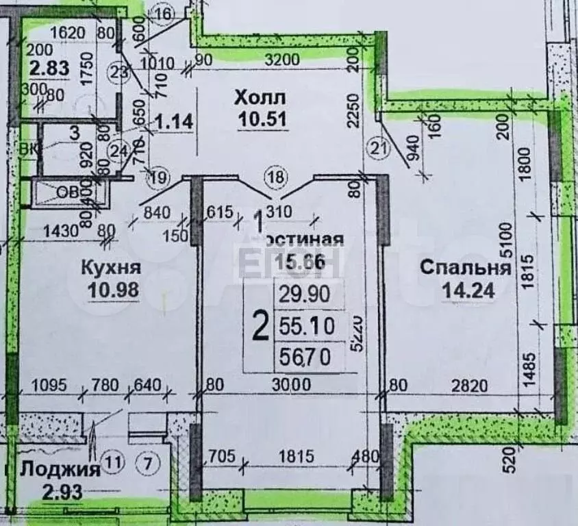 2-к. квартира, 56,7 м, 14/17 эт. - Фото 0