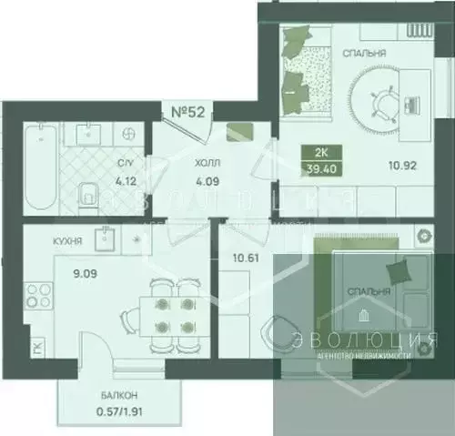 2-к. квартира, 39,4 м, 1/5 эт. - Фото 0