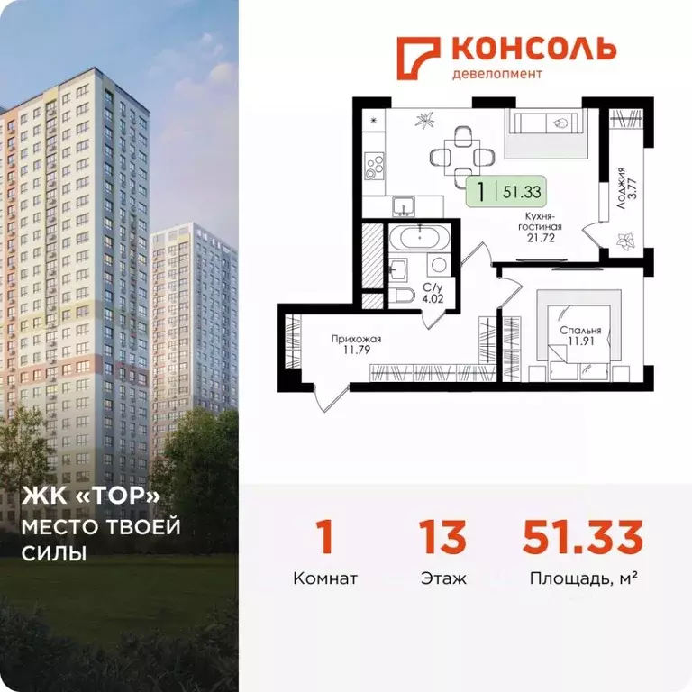 1-к кв. Тульская область, Тула Тор жилой комплекс (51.33 м) - Фото 1