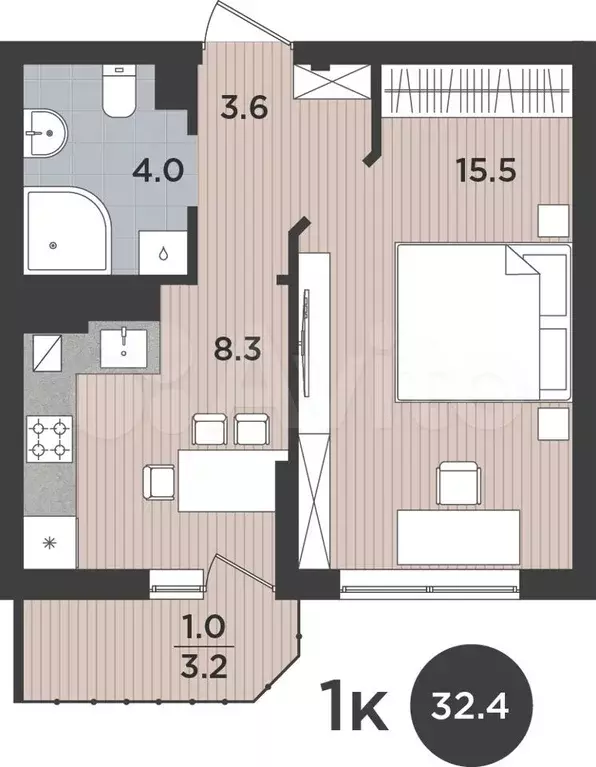 1-к. квартира, 32,4 м, 4/9 эт. - Фото 1