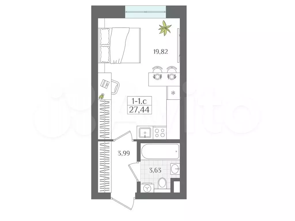 Квартира-студия, 27,4 м, 4/23 эт. - Фото 0
